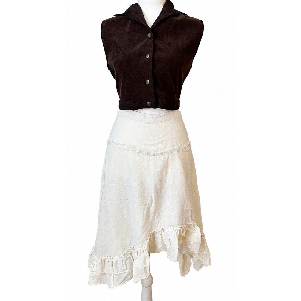Coastal Boho Linen Blend Asymmetrical Ruffle Midi Skirt Ivory Cottagecore Y2K